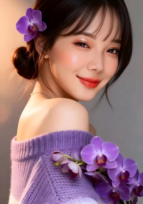 唯美写真·持紫兰的露肩毛衣少女 高人气手机壁纸
