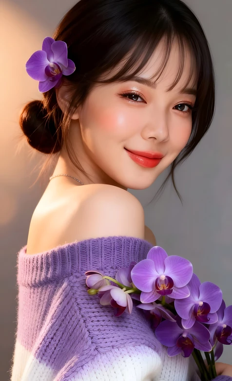 唯美写真·持紫兰的露肩毛衣少女 高人气手机壁纸-iPhone17-1