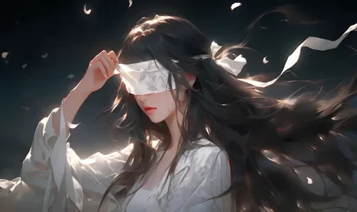 蒙着眼睛的飘逸长发古装白裙AI美女图片