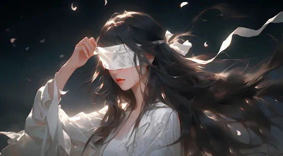 蒙着眼睛的飘逸长发古装白裙AI美女图片-iPhone17-1