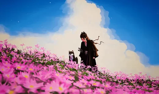 黑衣带刀侠士与柴犬 粉色花海唯美国风动态电脑壁纸