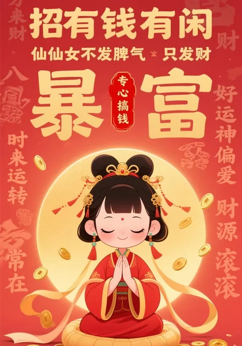 国潮仙仙女暴富招财壁纸 有钱有闲财源滚滚壁纸