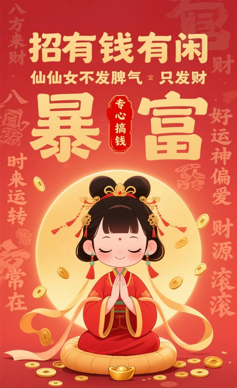 国潮仙仙女暴富招财壁纸 有钱有闲财源滚滚壁纸-iPhone17-1