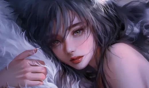 抱着毛绒枕头的大眼睛美女狐妖高清插画壁纸图片