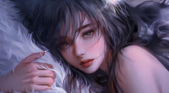 抱着毛绒枕头的大眼睛美女狐妖高清插画壁纸图片-iPhone17-1