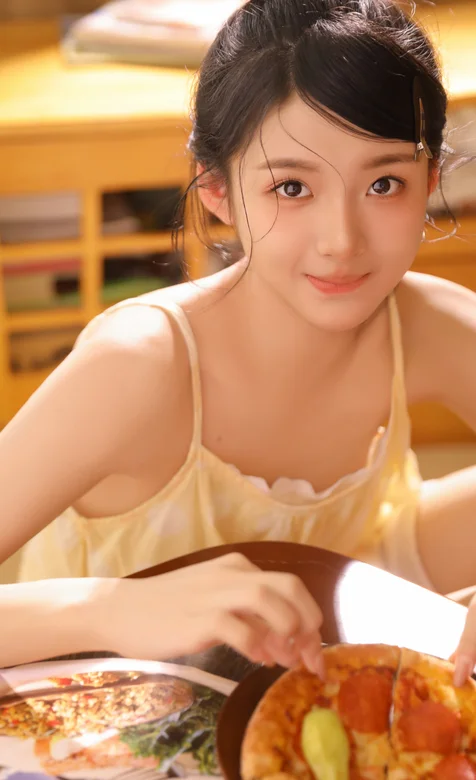 吃披萨的漂亮少女，大眼睛，笑容迷人，吊带裙，高颜值少女温馨私房写真手-iPhone17-1