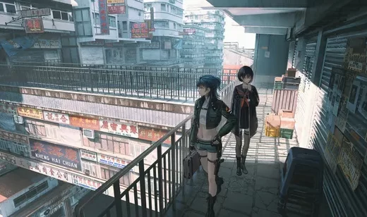 二次元少女漫步香港旧楼街巷 动漫城市壁纸