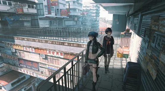 二次元少女漫步香港旧楼街巷 动漫城市壁纸-iPhone17-1