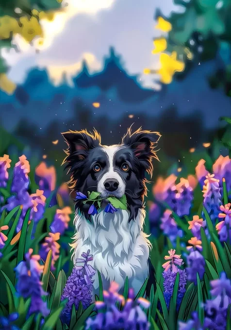唯美插画风边境牧羊犬·紫色花海治愈系手机壁纸