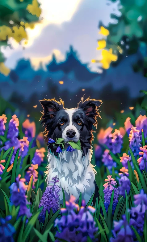唯美插画风边境牧羊犬·紫色花海治愈系手机壁纸-iPhone17-1