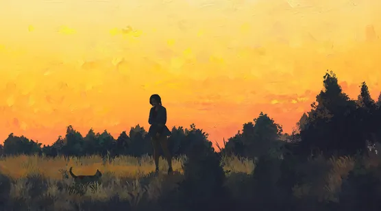 短发少女与猫咪剪影黄昏原野手绘风 高清宽屏桌面背景-iPhone17-1