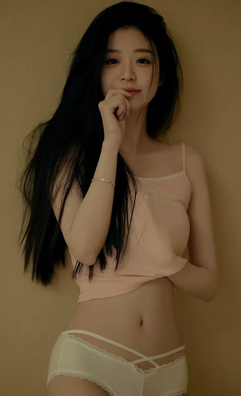 微微的笑，青春可人，把手伸进自己小背心的漂亮女生靠墙站立写真手机壁纸-iPhone17-1