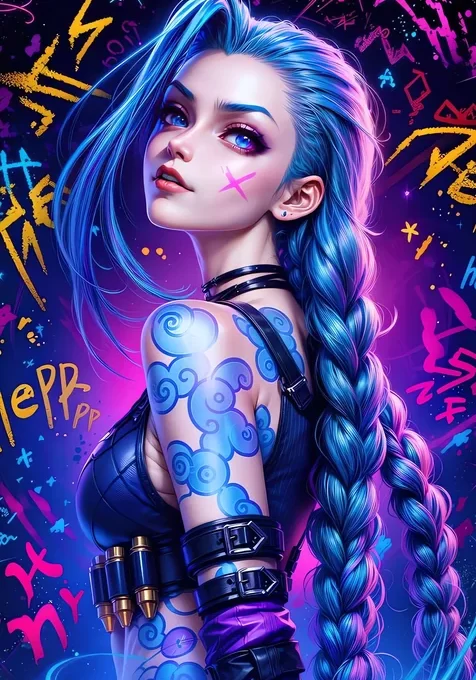 蓝发双马尾纹身少女金克丝 赛博朋克潮流插画壁纸