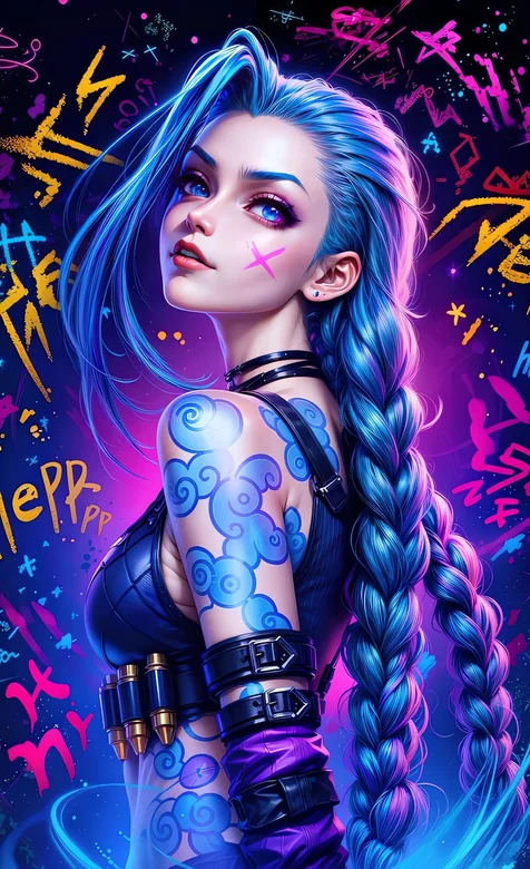 蓝发双马尾纹身少女金克丝 赛博朋克潮流插画壁纸-iPhone17-1