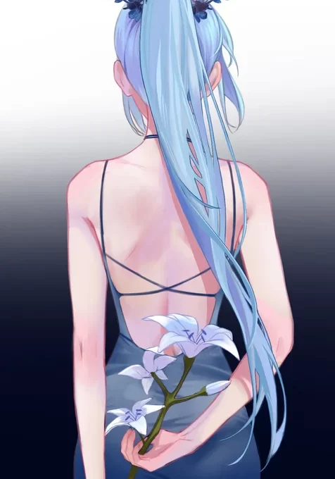 手拿一只百合花，绑着高马尾的露背装动漫女人背影手机壁纸图片