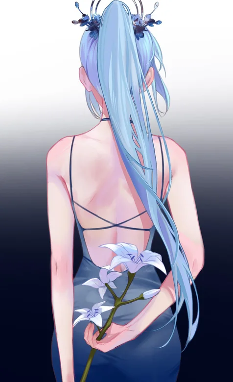 手拿一只百合花，绑着高马尾的露背装动漫女人背影手机壁纸图片-iPhone17-1