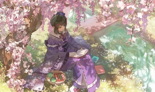 和服少女·樱花树下读书 唯美日系和风原创插画 电脑壁纸