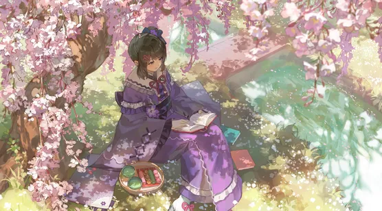 和服少女·樱花树下读书 唯美日系和风原创插画 电脑壁纸-iPhone17-1