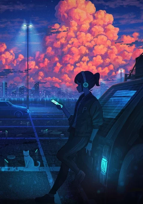 赛博朋克都市夜景·耳机少女与橘云 高人气手机壁纸