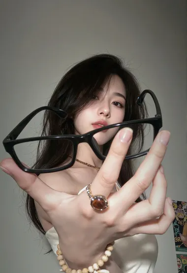 气质女生手持黑框眼镜 清新写实风 高级感女生随拍