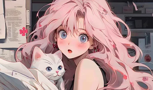 抱着一只白猫的可爱粉色蓬松长发动漫少女图片