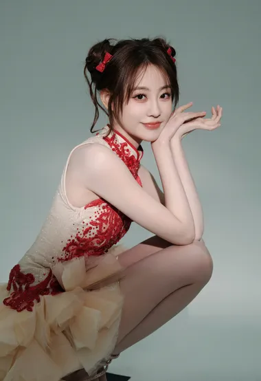 祝绪丹超甜美可爱双丸子头造型搭配无袖古风旗袍裙穿搭写真套图
