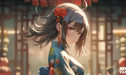 头上戴多小红花的日系动漫女生侧脸看着你壁纸图片