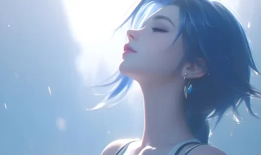 闭着眼睛，蓝发，高鼻梁，侧颜，脸蛋精致的AI美女美图壁纸