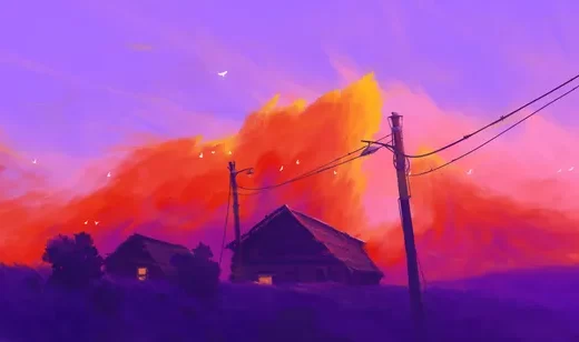 乡村小屋与火烧云·唯美梦幻插画 黄昏意境电脑壁纸