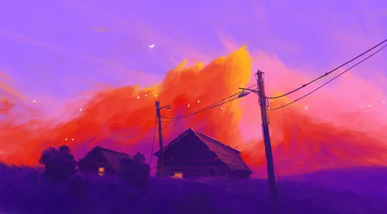 乡村小屋与火烧云·唯美梦幻插画 黄昏意境电脑壁纸-iPhone17-1