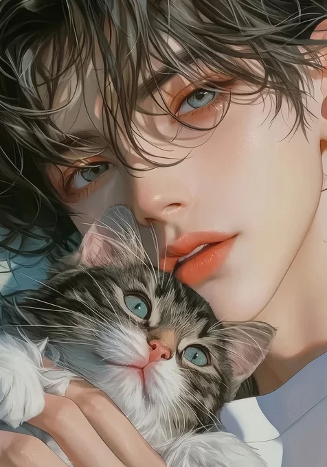 手绘写实风抱猫帅哥 治愈系暖调手机壁纸
