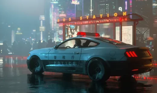 雨中街上执勤的日本警车