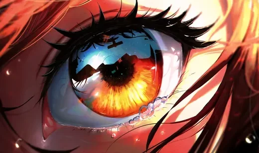动漫红发少女眼眸特写 橙蓝渐变瞳孔似燃烧星河