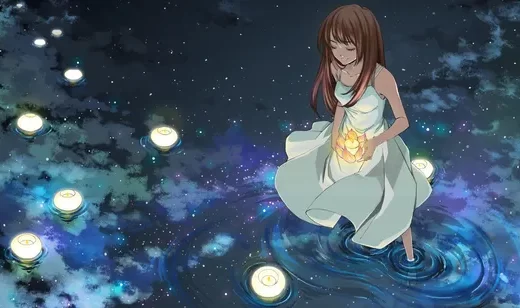 站在水中放灯船的女生