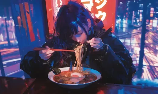 吃面条的女生，繁华都市，城市，夜晚，街头，吃面条的动漫女生4k壁纸图