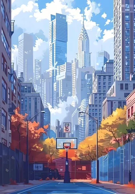 城市秋日篮球场 高楼白云插画景