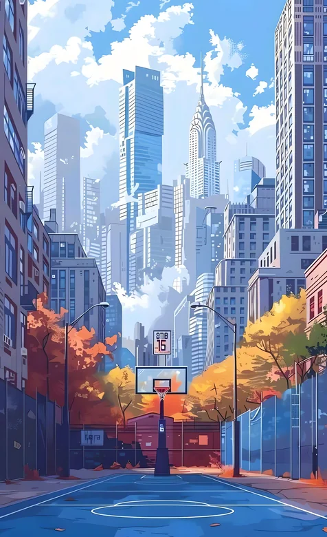 城市秋日篮球场 高楼白云插画景-iPhone17-1