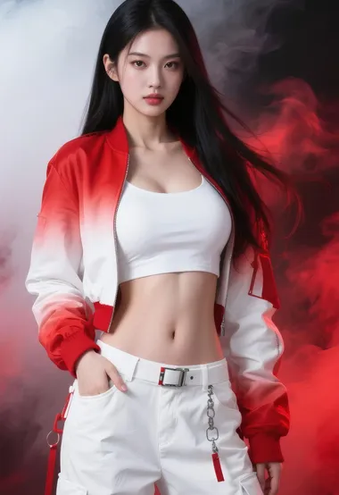 时尚女生红白渐变夹克穿搭 潮流工装裤写真个性风格壁纸