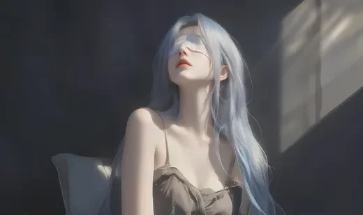 清冷美女，身着简约吊带裙，蓝发遮眼的气质AI美女艺术感桌面壁纸图片