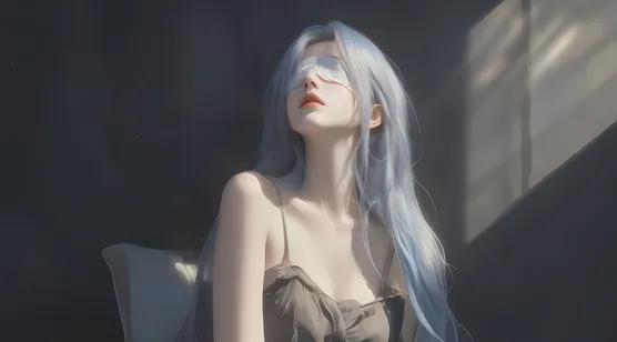 清冷美女，身着简约吊带裙，蓝发遮眼的气质AI美女艺术感桌面壁纸图片-iPhone17-1
