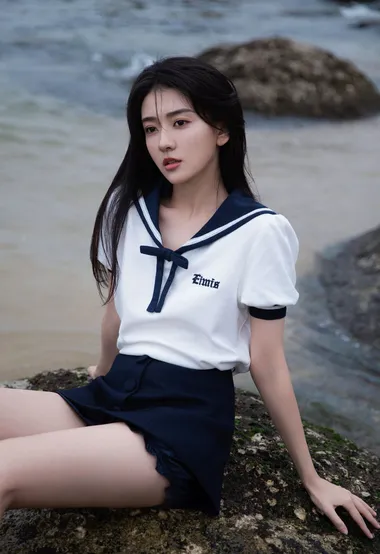 美女梁洁甜美靓丽白色水手服搭配黑色短裤海边唯美写真图片