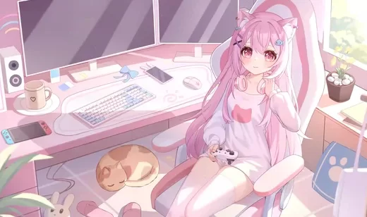 猫耳粉发少女·二次元治愈游戏桌面 动态电脑壁纸