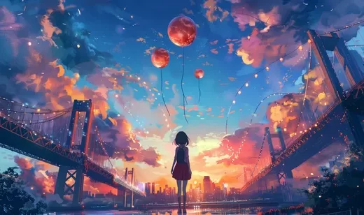 夕阳，美丽的天空，双子大桥，望着河对岸城市的背包红裙动漫少女背影超美