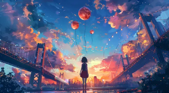 夕阳，美丽的天空，双子大桥，望着河对岸城市的背包红裙动漫少女背影超美-iPhone17-1