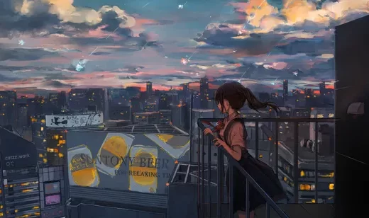 站在屋顶看城市的动漫女孩壁纸图片