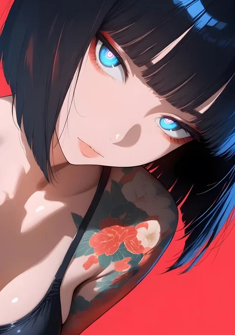黑短发蓝眼花臂少女·二次元插画 高热度手机壁纸