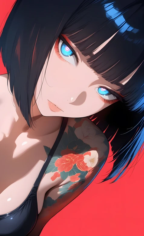 黑短发蓝眼花臂少女·二次元插画 高热度手机壁纸-iPhone17-1
