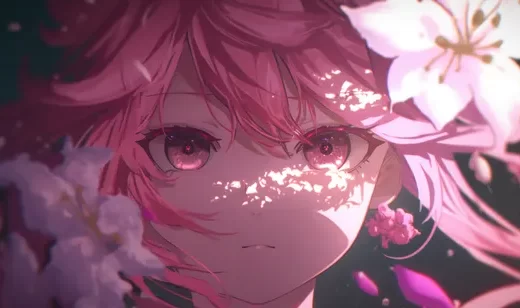 动漫少女，大眼睛，粉色头发 梨花，动漫少女人物肖像桌面壁纸