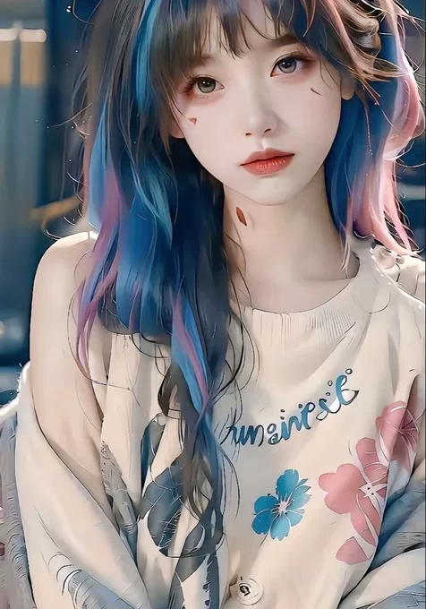 粉彩发型，印花毛衣动漫AI少女手机壁纸图片