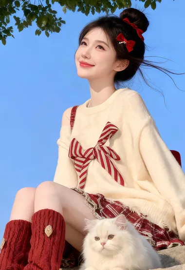元气女生·红蝴蝶结+白猫 唯美清新户外写真 高赞女生照套图